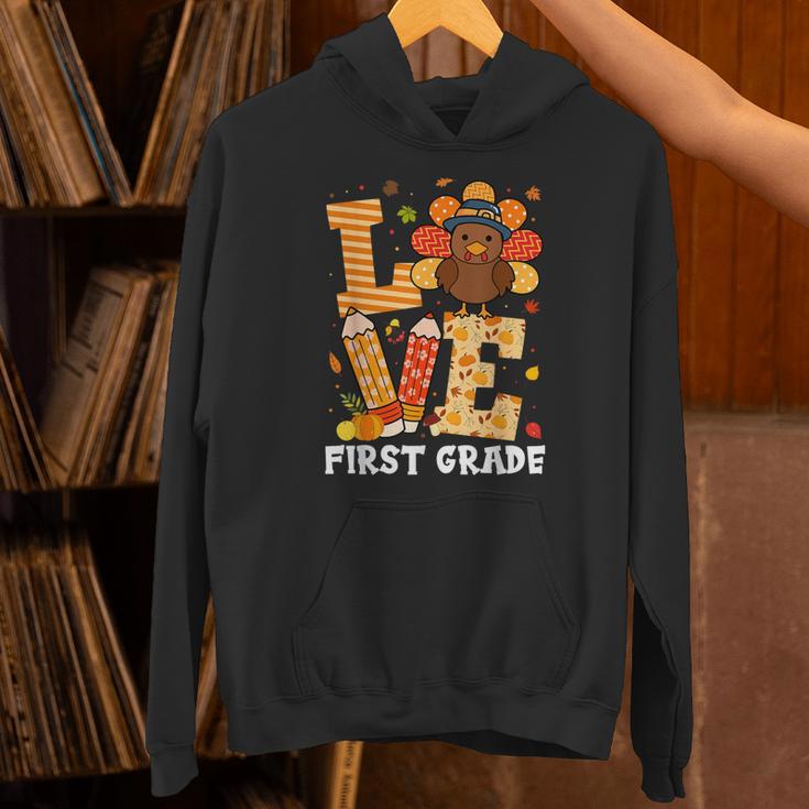 Thanksgiving Love First Grade Teacher Turkey Autumn Fall For Men Women Girls Kids Unisex Hoodie, First Grade Teacher Hoodies, gift for family, gift for coworker