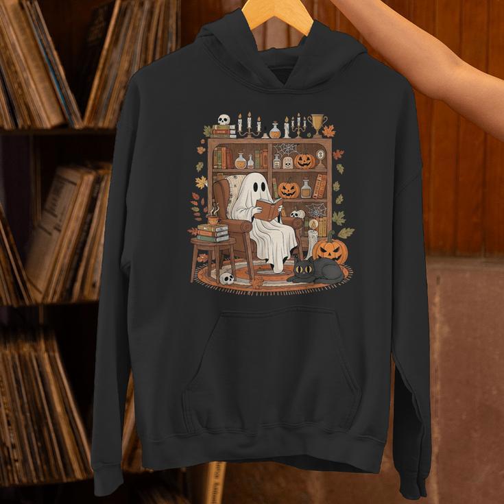 Vintage Ghost Book Reading Pumpkin Gothic Halloween Teachers Unisex Hoodie, gift for family, gift for coworker