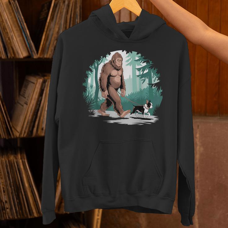 Whimsical Forest Adventures Sasquatch Bigfoot Walking Boston Terrier Dog Lovers Unisex Hoodie, gift for family, gift for coworker