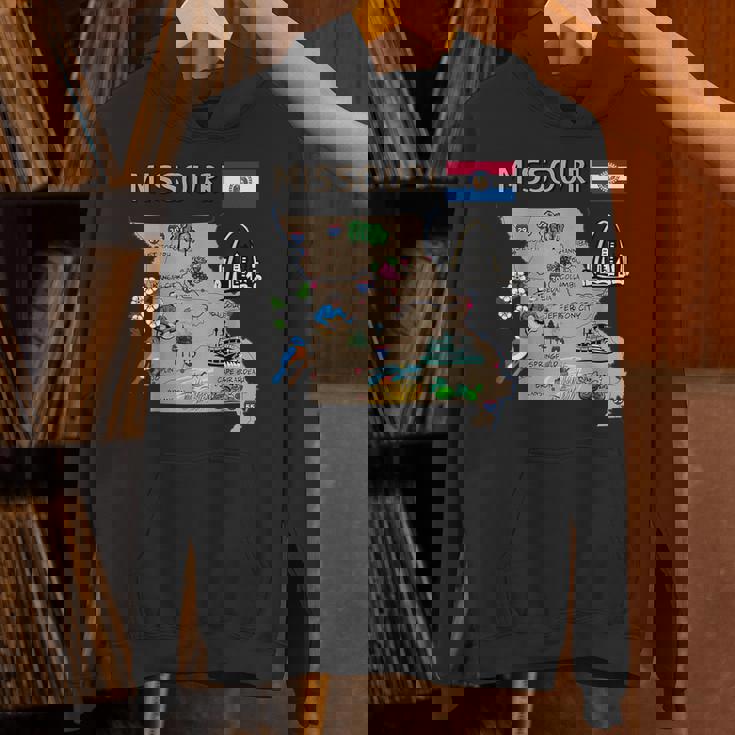 ミズーリ州のランドマーク、主要都市、道路、旗の地図 パーカー