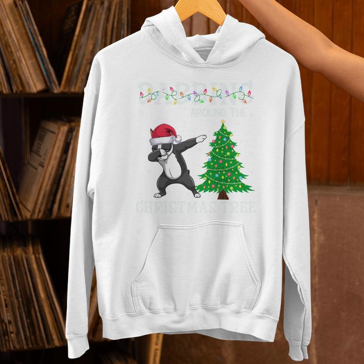 Boston Terrier Santa Hat Dabbing Around The Christmas Tree Unisex Hoodie, Boston Terrier Christmas Hoodies, gift for family, gift for coworker