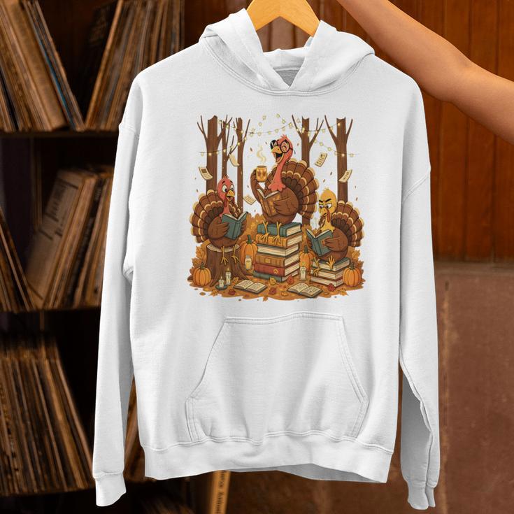 Librarian Turkey Reading Book Fall Thanksgiving Teacher Book Unisex Hoodie, gift for family, gift for coworker