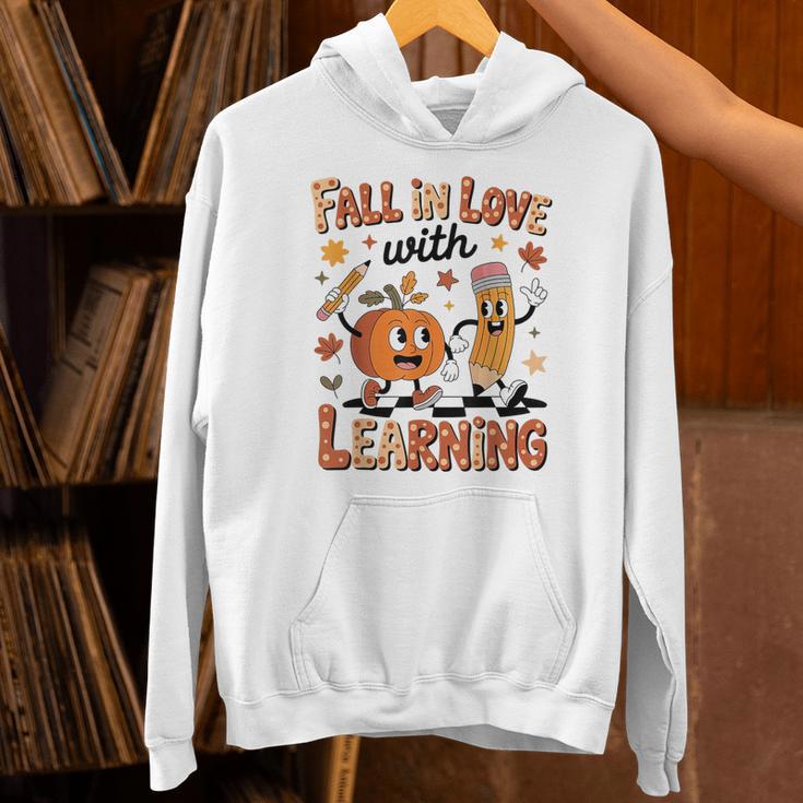 Retro Fall In Love With Learning Autumn Pumpkin Teacher Kids Unisex Hoodie, gift for family, gift for coworker