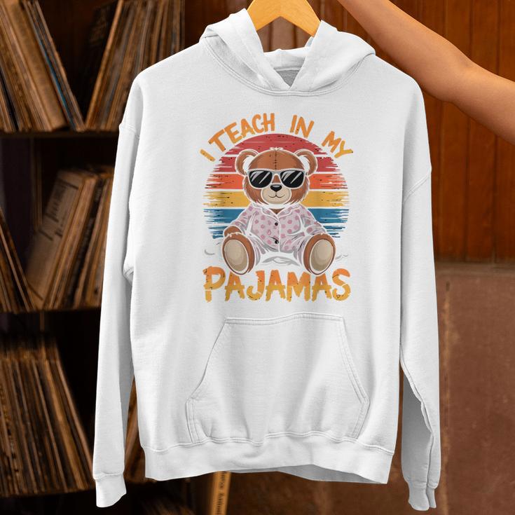 I Teach In My Pajamas Teacher Sunset Bear Retro Unisex Hoodie, gift for family, gift for coworker