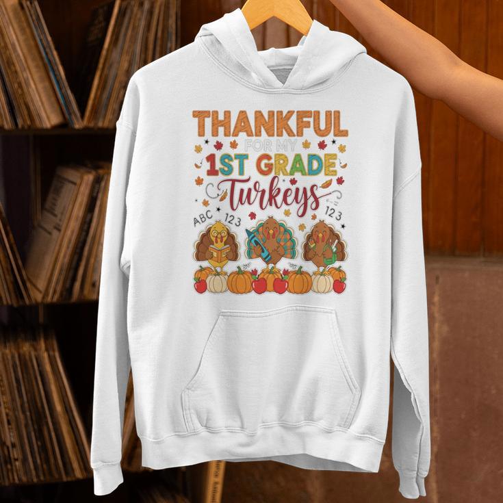 Teach Thanksgiving Teacher Thankful For My 1st Grade Turkeys Unisex Hoodie, gift for family, gift for coworker