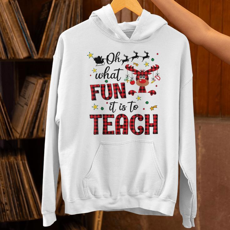 Teachers Oh What Fun It Is To Teach Cute Red Plaid Reindeer Unisex Hoodie, gift for family, gift for coworker