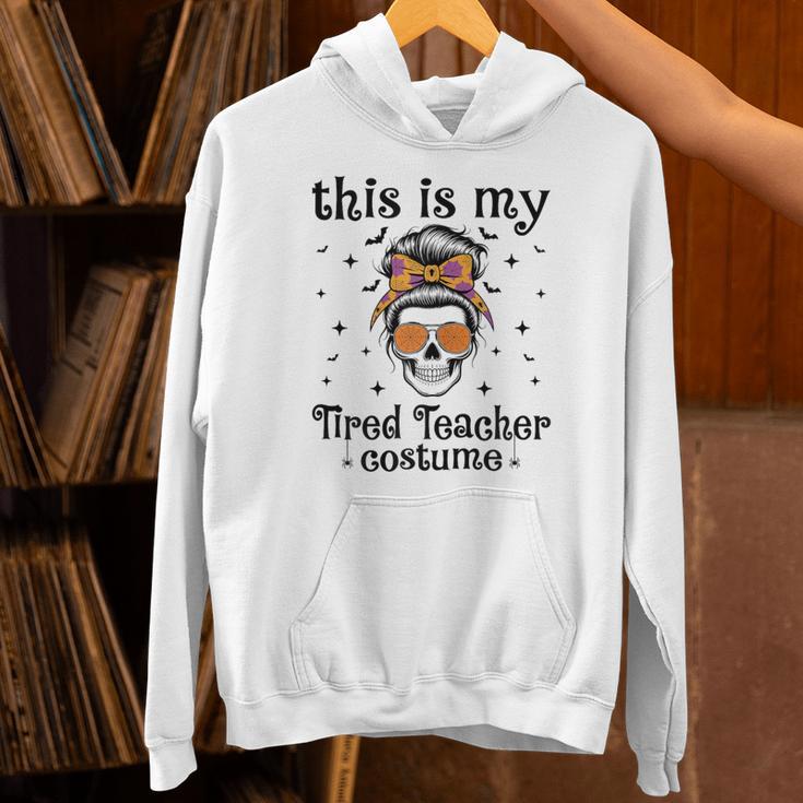 This Is My Tired Teacher Costume Skull Halloween Messy Bun Unisex Hoodie, gift for family, gift for coworker