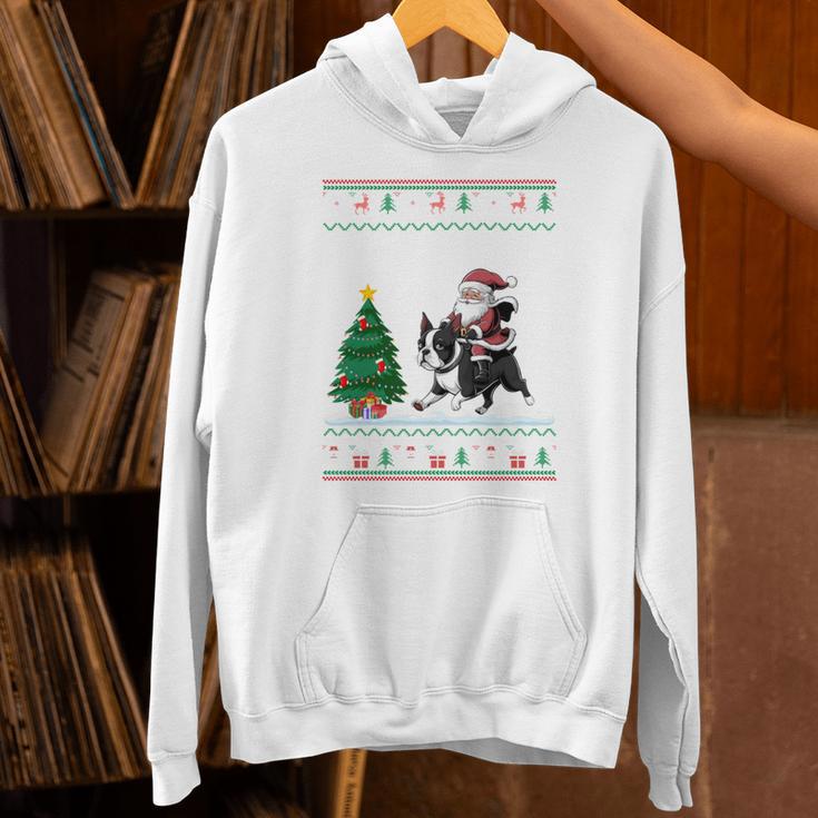 Ugly Christmas Tree Lights Xmas Santa Riding Boston Terrier Unisex Hoodie, Boston Terrier Riding Hoodies, Boston Terrier Christmas Hoodies, gift for family, gift for coworker