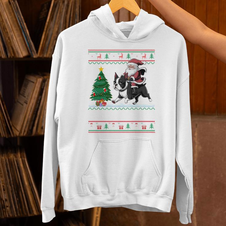 Xmas Tree Lighting Santa Riding Boston Terrier Christmas Unisex Hoodie, Boston Terrier Riding Hoodies, Boston Terrier Christmas Hoodies, gift for family, gift for coworker