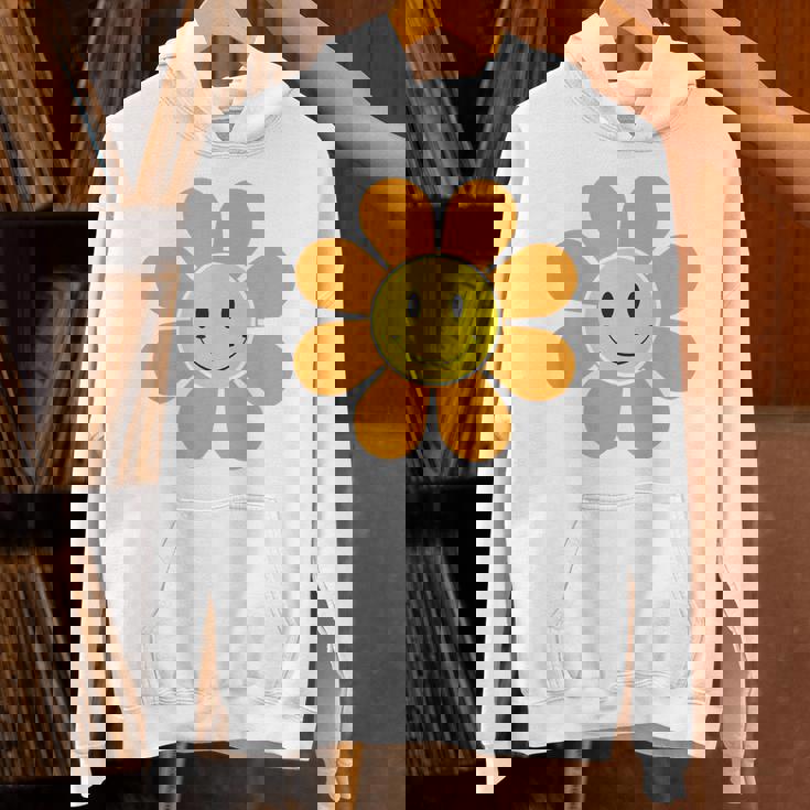 オレンジ70年代レトロファンキーフラワー、イエロースマイルフェイス パーカー