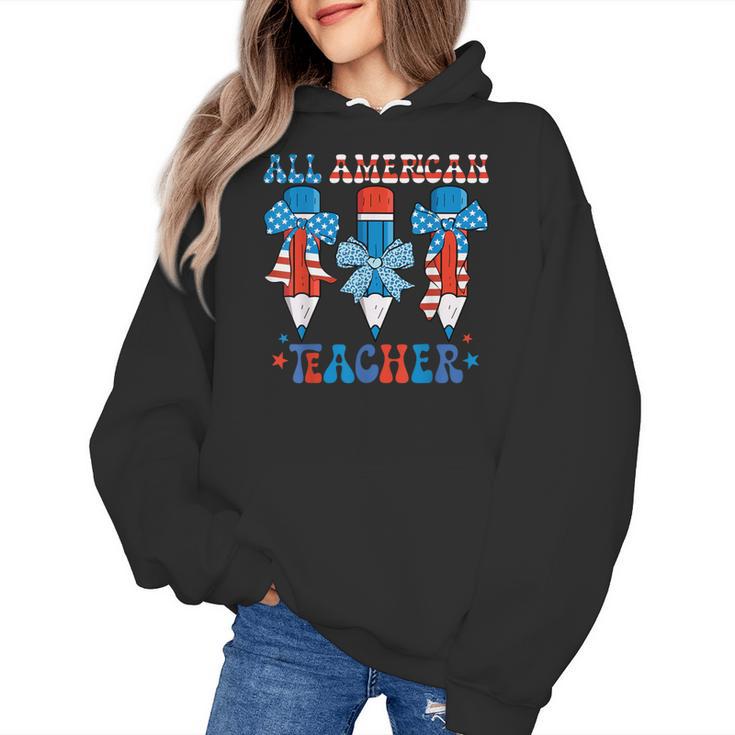 All American Teacher Pencil Coquette Bow USA Flag Teachers Women's Hoodie