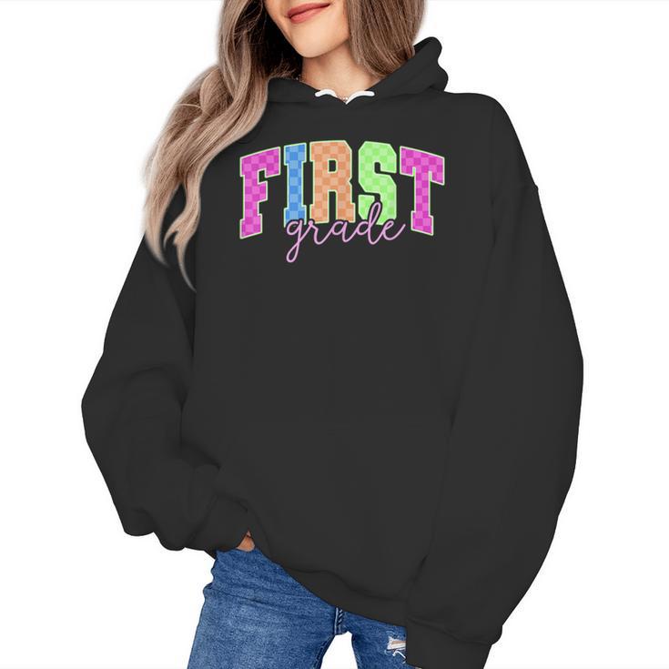 Back To School Neon Checkered First Grade Colorful Teacher Women's Hoodie