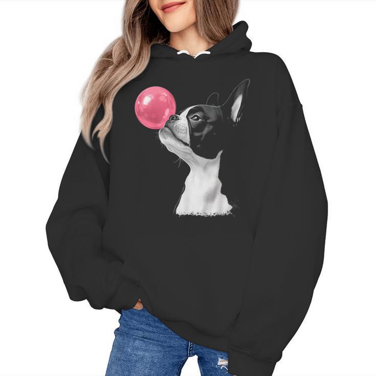 Boston Terrier Dog Blowing Chewing Bubble Gum Pink Women's Hoodie