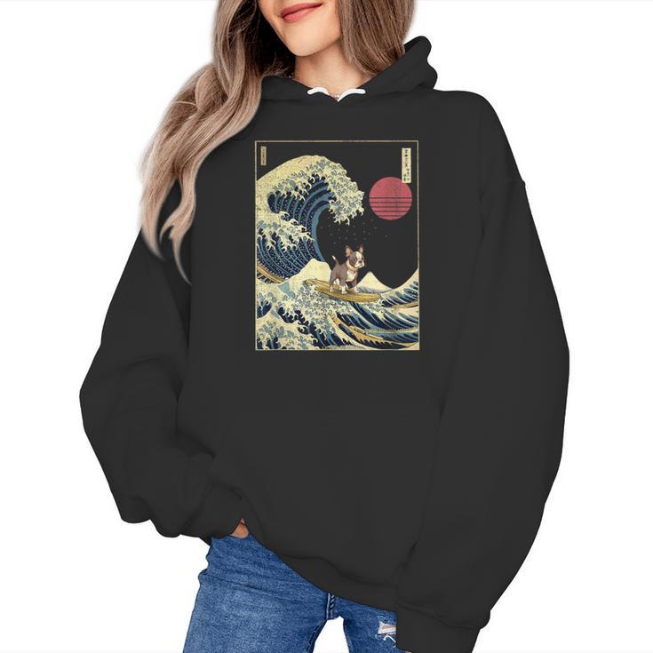 Boston Terrier Japanese Kanagawa Wave Surf Dog Women's Hoodie