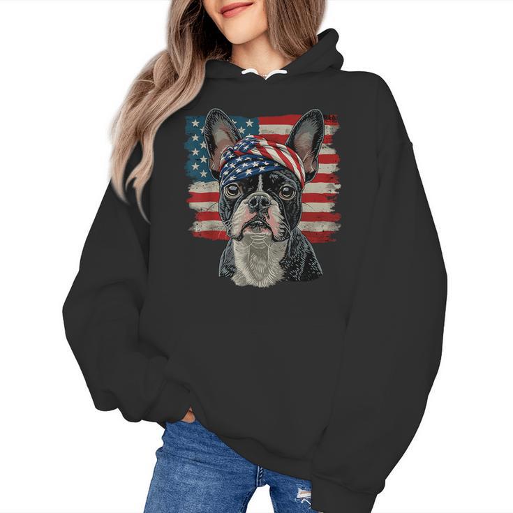 Boston Terrier Patriotic 4th Of July USA American Flag Women's Hoodie