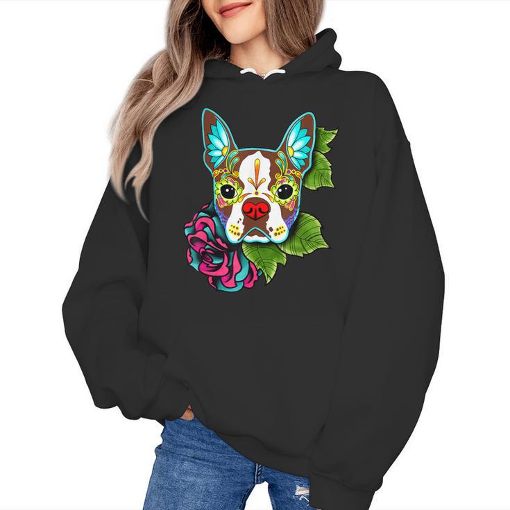 Boston Terrier In Red Day Of The Dead Sugar Skull Dog Women's Hoodie