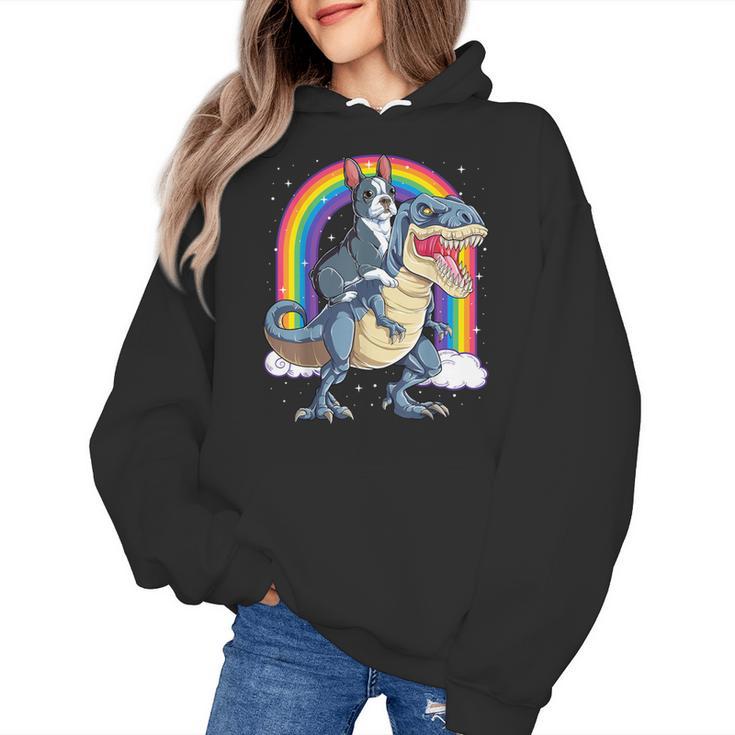 Boston Terrier Riding Dinosaur T-Rex Boys Kids Rainbow Women's Hoodie