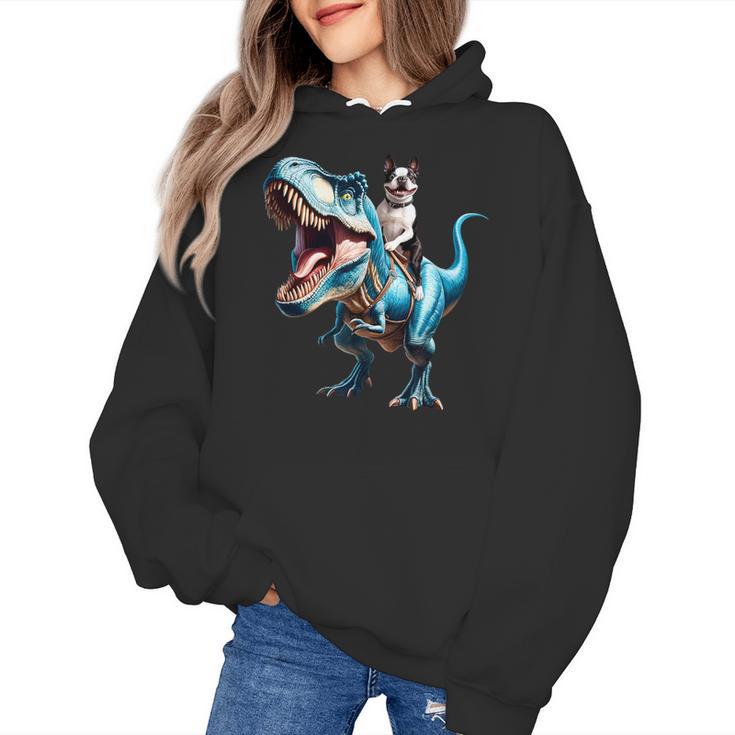 Boston Terrier Riding T-Rex Dinosaur Dog Lover Women's Hoodie, Boston Terrier Riding Gifts, trending gift
