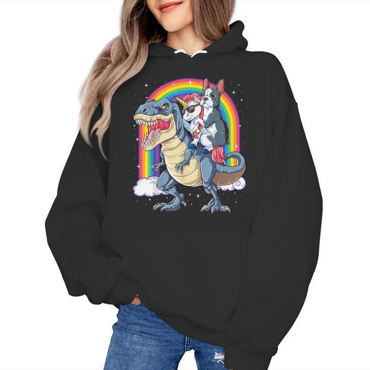 Boston Terrier Unicorn Riding Dinosaur T-Rex Girls Rainbow Women's Hoodie