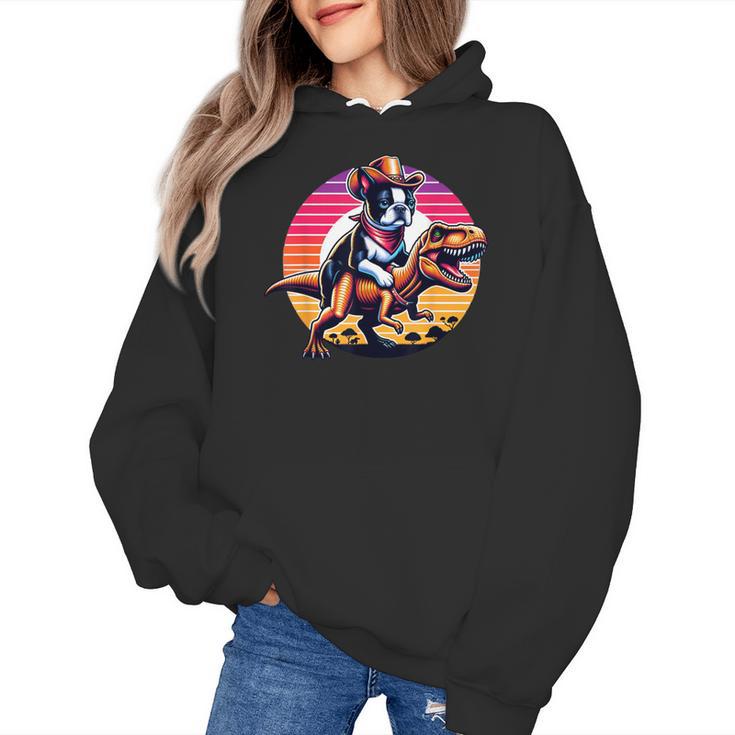 Boston Terrier Wearing A Cowboy Hat On T-Rex Women's Hoodie