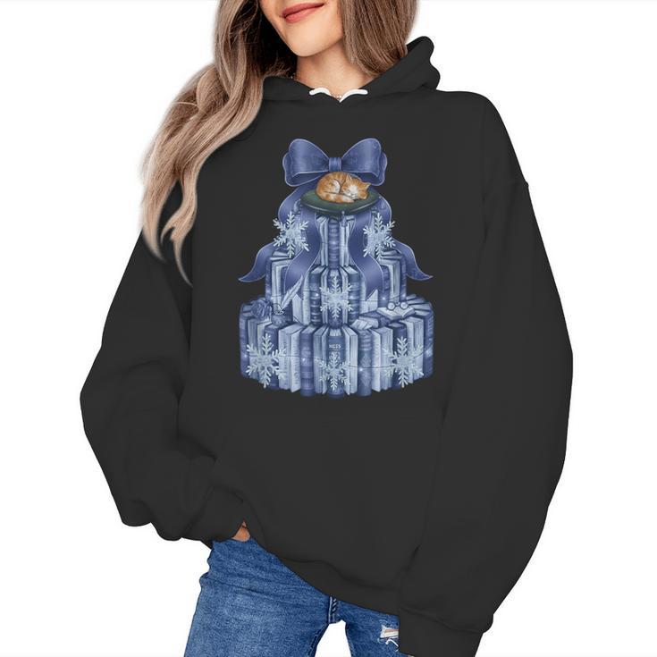 Coquette Bow Book Tree Merry Christmas Xmas Teacher Holiday Women's Hoodie
