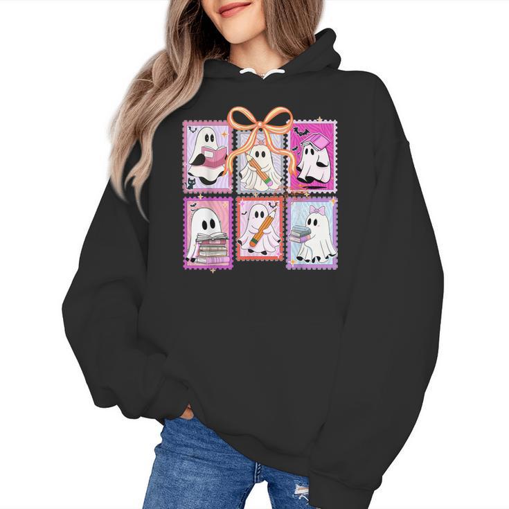 Coquette Bow Spooky Teacher Ghost Halloween Trick Or Teach Women's Hoodie