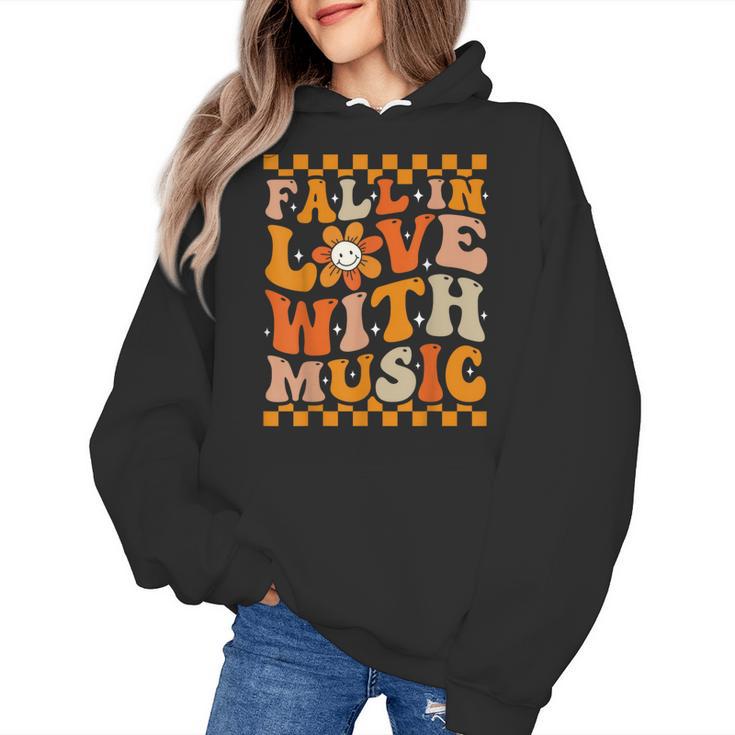 Fall In Love With Music Groovy Thanksgiving Music Teacher Men Women Girls Kids Women's Hoodie