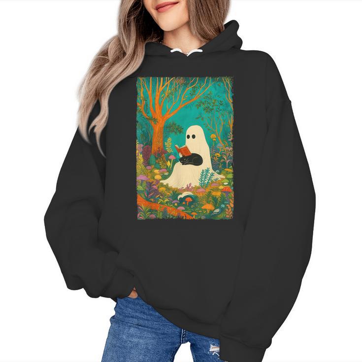 Groovy Ghost Reading Book Cat Halloween Ghost Teacher Women's Hoodie