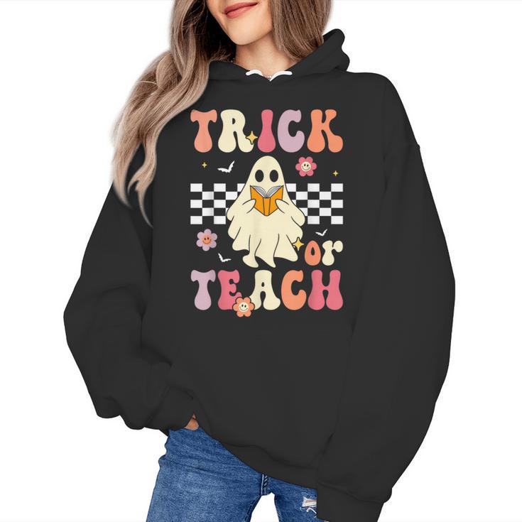 Groovy Teacher Halloween Retro Trick Or Teach Floral Ghost Women's Hoodie