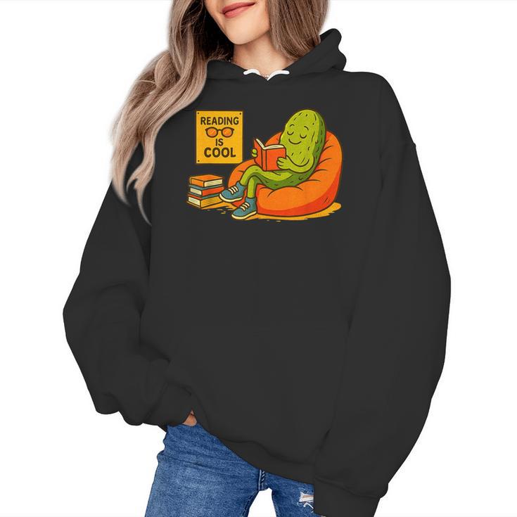 Pickle Reading Books Bookworm Teacher Librarian Kids Retro Women's Hoodie