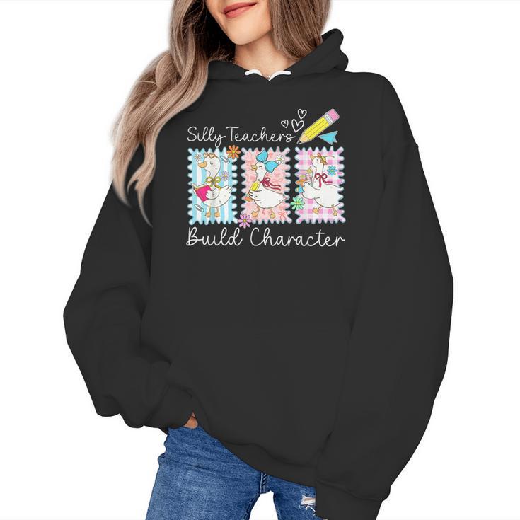 Preppy Silly Teacher Goose Build Character Back To School Women's Hoodie