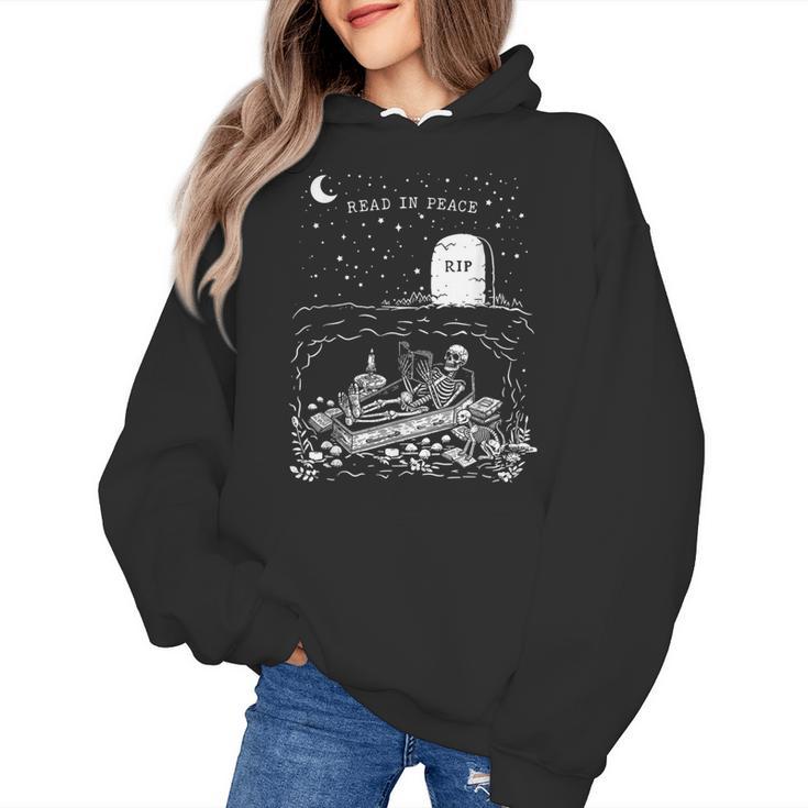 Read In Peace Skeleton Halloween Book Reading Spooky Teacher Women's Hoodie