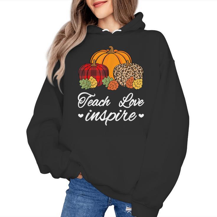 Teach Love Inspire Autumn Fall Plaid Leopard Pumpkin Teacher For Men Women Kids Women's Hoodie
