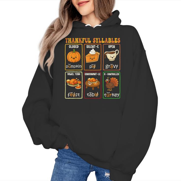 Thankful Syllables Thanksgiving Phonics Reading Teacher Fall Women's Hoodie