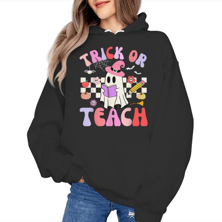 Trick Or Teach Halloween Teacher Floral Ghost Groovy Women's Hoodie