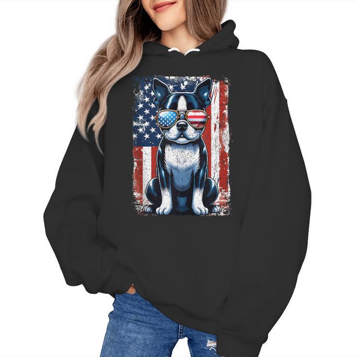 Vintage Boston Terrier Dog American USA US Flag Pets Lovers Women's Hoodie