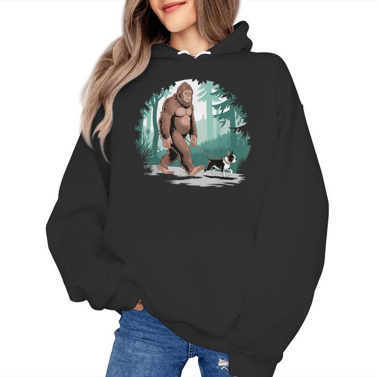 Whimsical Forest Adventures Sasquatch Bigfoot Walking Boston Terrier Dog Lovers Women's Hoodie