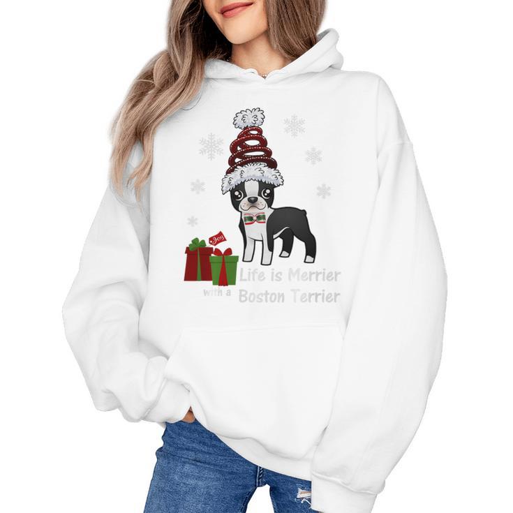 Boston Terrier Christmas T Shirt-Life Is Merrier Premium Tri-Blend Women's Hoodie