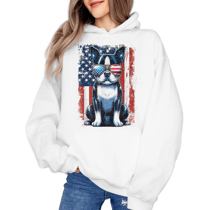 Boston Terrier Dog American USA US Flag Pets Vintage Outfit Women's Hoodie