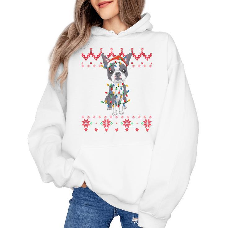 Boston Terrier Dog Santa Hat Men Kids Ugly Christmas Light Women's Hoodie
