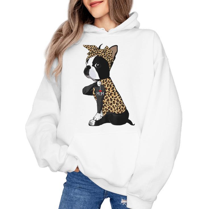 Boston Terrier Lover I Love Mom Tattoo Leopard Women's Hoodie
