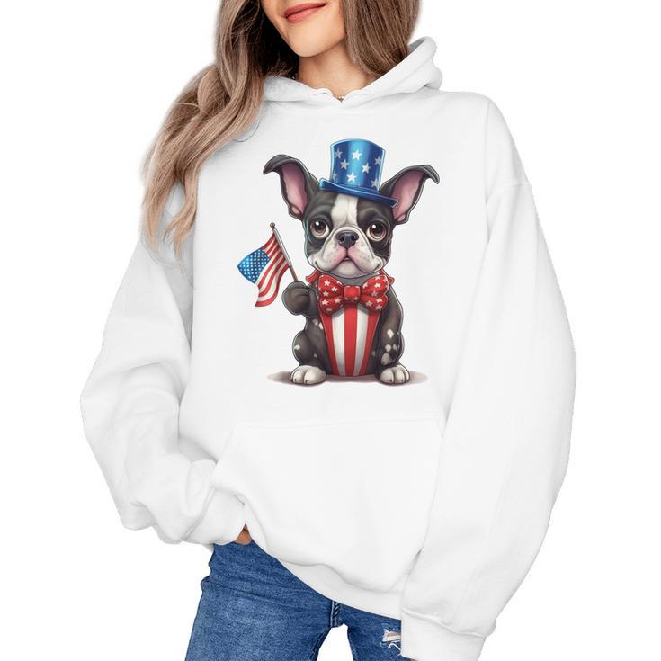 Boston Terrier Puppy Dog Holds His American Flag 4th Of July Women's Hoodie
