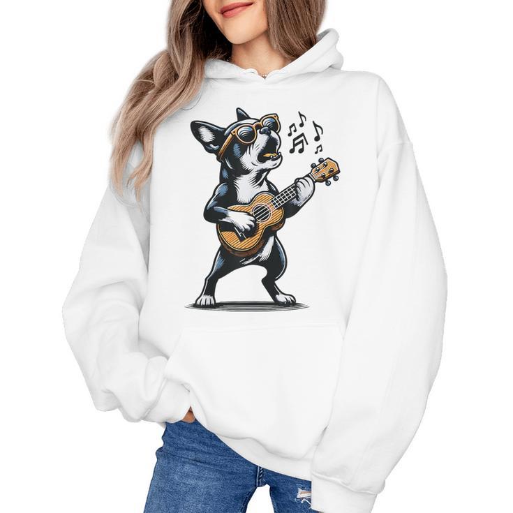 Dog Playing Guitar Singing Boston Terrier  For Men Women Girls Kids Women's Hoodie