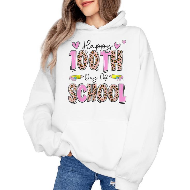 Happy 100th Day Of School Leopard Print Teacher Student Kids Women's Hoodie