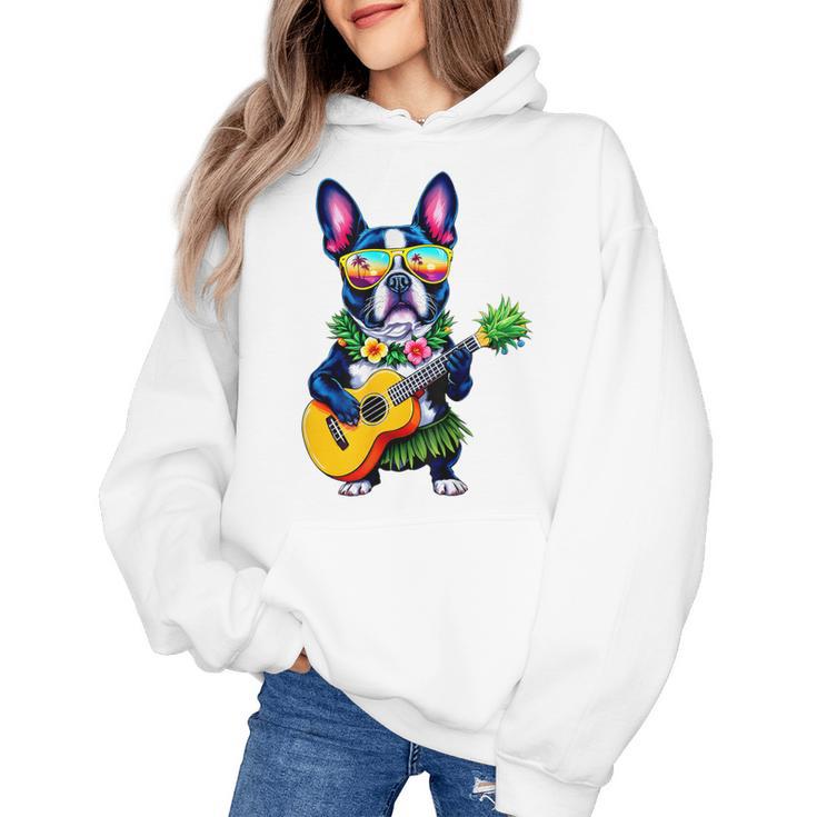 Hawaiian Boston Terrier & Pineapple Ukulele Summer Vacation Women's Hoodie