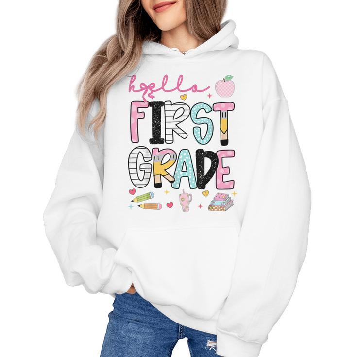 Hello First Grade Teacher Coquette Pencil Bow Back To School Women's Hoodie
