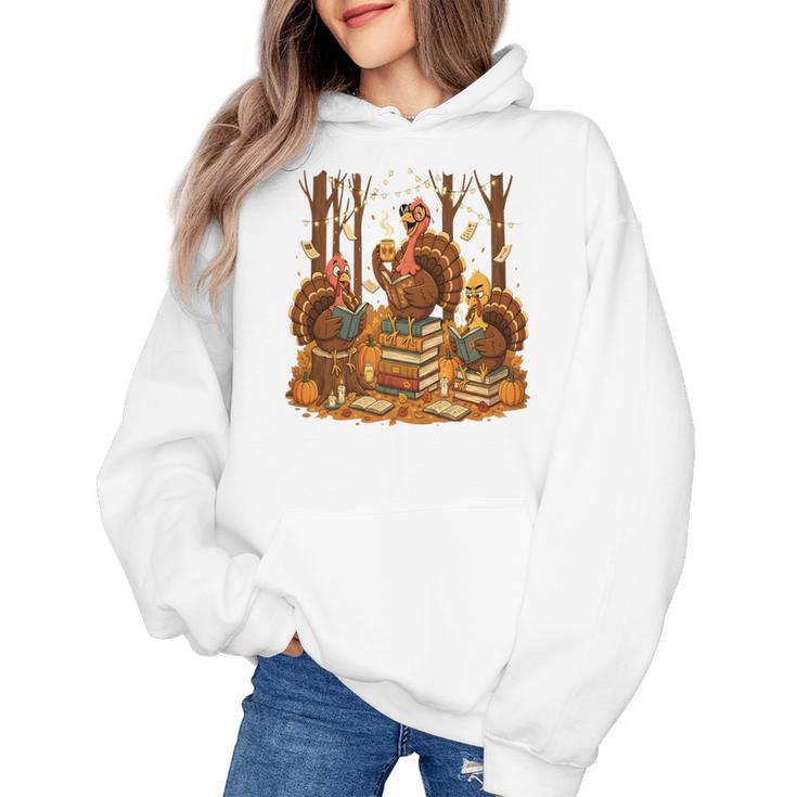 Librarian Turkey Reading Book Fall Thanksgiving Teacher Book Women's Hoodie