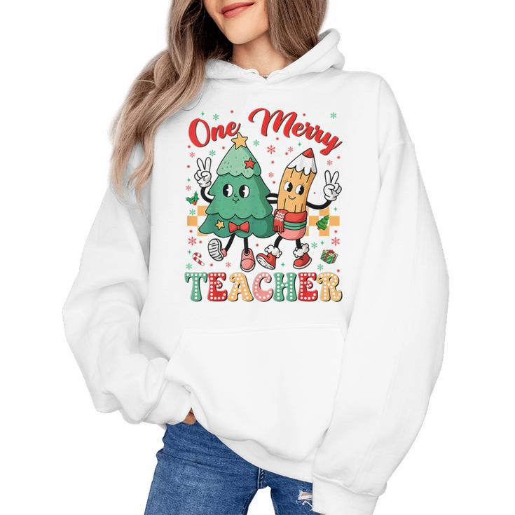 One Merry Teacher Groovy Christmas Tree Pjs Xmas Teacher Women's Hoodie