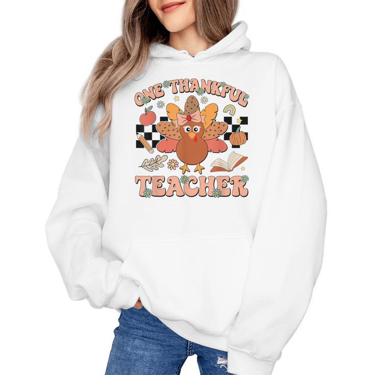 One Thankful Teacher Thanksgiving Retro Groovy Fall Teachers Women's Hoodie