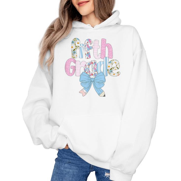 Preppy Fifth Grade Teacher Blue Floral Coquette Pencil Bow Women's Hoodie